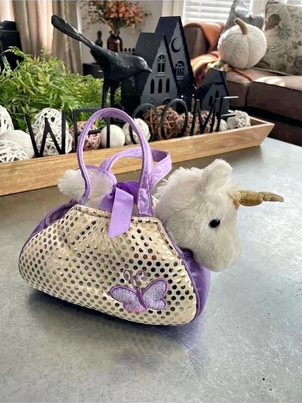 Aurora White Unicorn Plush with Purple & Gold Butterfly Carrying Bag
